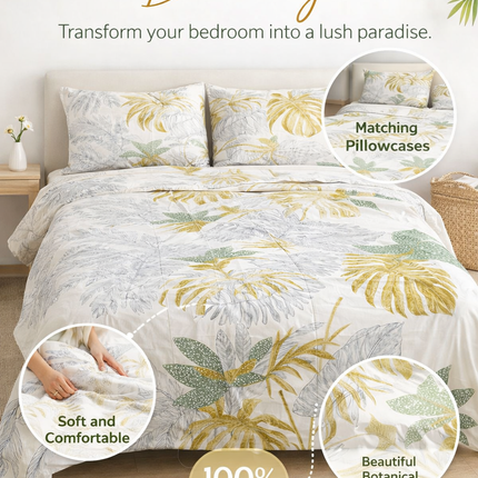 MR24 Queen Size 4 Piece 100% Cotton Sheet Set, White Tropical Leaf Print in Sage Green & Gold, Breathable Cooling Bedding for Hot Sleepers, Botanical Style | Draps Queen Coton FR