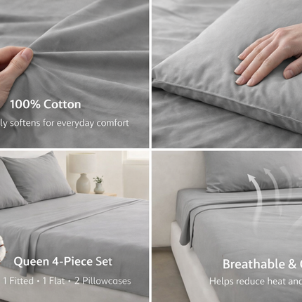 100% Cotton Queen Bed Sheets Set – 450 Thread Count, Deep Pocket 17”, Soft Breathable, Wrinkle-Resistant, Hotel Quality Premium Bedding by MR24 Grey