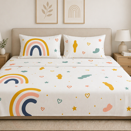 MR24 King Size 100% Cotton Sheets Set, Breathable Cooling Cotton, Love Sheets, Softens After Washing, Easy-Care King Bedding Cute Rainbow White, King, Cute Rainbow Hearts