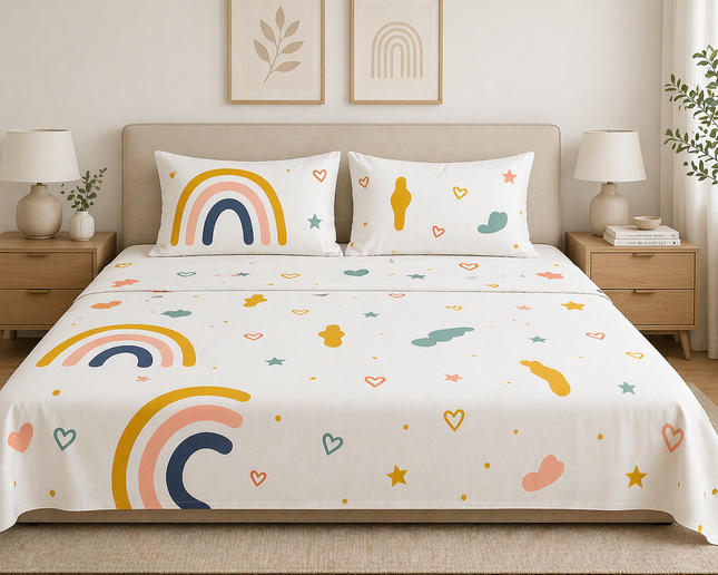 MR24 King Size 100% Cotton Sheets Set, Breathable Cooling Cotton, Love Sheets, Softens After Washing, Easy-Care King Bedding Cute Rainbow White, King, Cute Rainbow Hearts
