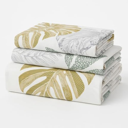 MR24 Queen Size 4 Piece 100% Cotton Sheet Set, White Tropical Leaf Print in Sage Green & Gold, Breathable Cooling Bedding for Hot Sleepers, Botanical Style | Draps Queen Coton FR