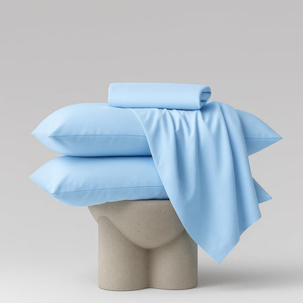 **Queen Size Blue Bed Sheet Set – 4 Piece, 100% Cotton, 400 Thread Count, Deep Pocket, All-Around Elastic Fitted Sheet with Corner Straps, Soft Breathable Cooling Bedding for Hot Sleepers**
