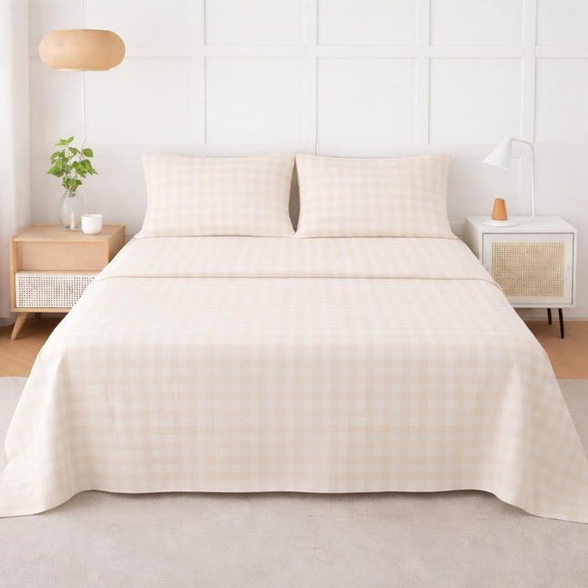 Beige Gingham Check 100% Cotton Queen Sheets Set – 450 Thread Count (450TC)