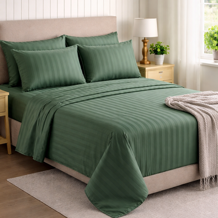 MR24 1000 Thread Count Queen Bed Sheet Set – Deep Pocket 17 Inch | Luxury Stripe Cotton Bedding | Dark Green
