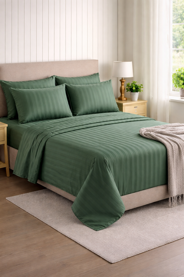 MR24 1000 Thread Count Queen Bed Sheet Set – Deep Pocket 17 Inch | Luxury Stripe Cotton Bedding | Dark Green