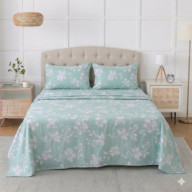 100% Cotton Floral Bed Sheet Set – Queen Size | 150 Thread Count Lightweight Bedding | 4 Corner Elastic Fitted Sheet
