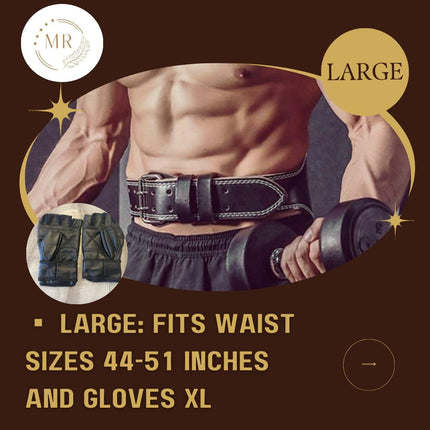 MR Premium Leather Weightlifting Belt + Fingerless Lifting Gloves Set – 10mm Thick, 5" Wide Powerlifting Belt with Dual Prong Buckle & Gym Gloves for Men & Women – Squats, Deadlifts, CrossFit & Bodybuilding