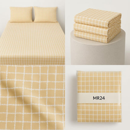 MR24 Queen Size Sheet Set 100% Cotton, 4-Piece Bedding Set (Fitted Sheet, Flat Sheet & 2 Pillowcases), Deep Pocket, Breathable Soft Cooling Cotton Sheets,(Yellow, Queen, Check Grid)