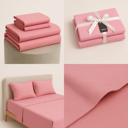 MR24 100% Cotton Sheets Queen Size Set, Soft Breathable Queen Bed Sheet Set, Deep Pocket Fitted Sheet, Flat Sheet & 2 Pillowcases, Hotel Quality Bedding, Easy Care, Pink (Powder Pink, Queen, Solid)