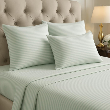 Queen Size Bed Sheets 100% Cotton – Light Green Stripe Printed Sheet Set, Deep Pocket 17”, Cooling Soft Breathable Natural Cotton Bedding for Hot Sleepers – Premium Hotel Quality Draps Queen Coton