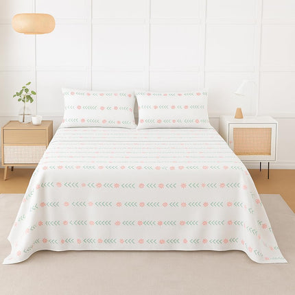 King Size Bed Sheets 100% Cotton – Luxury Cooling Deep Pocket Sheets 17'' Soft Breathable Floral Print Bedding Set Pink & Green Flower Stripe Design | Durable, Smooth, King Cotton Sheets