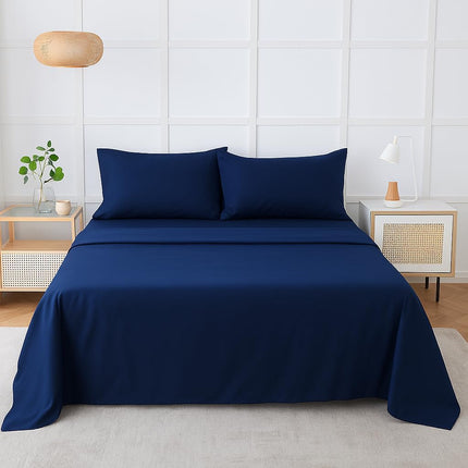 MR24 Navy Blue Queen Sheet Set 4 Piece – 100% Cotton Soft Bed Sheets, Deep Pocket Fitted Sheet Up to 16” Mattress, Breathable Cooling, Wrinkle Resistant, Hotel Quality Bedding Set with 2 Pillowcases