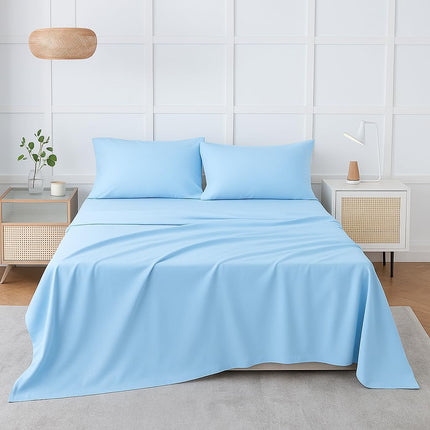 **Queen Size Blue Bed Sheet Set – 4 Piece, 100% Cotton, 400 Thread Count, Deep Pocket, All-Around Elastic Fitted Sheet with Corner Straps, Soft Breathable Cooling Bedding for Hot Sleepers**