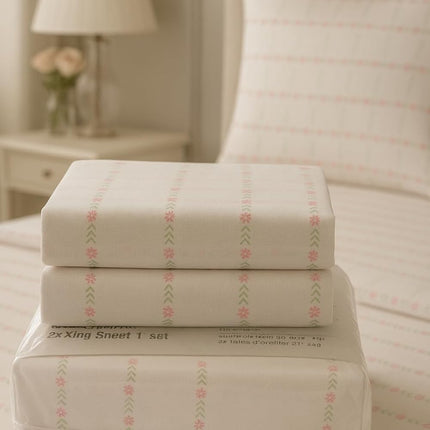 King Size Bed Sheets 100% Cotton – Luxury Cooling Deep Pocket Sheets 17'' Soft Breathable Floral Print Bedding Set Pink & Green Flower Stripe Design | Durable, Smooth, King Cotton Sheets