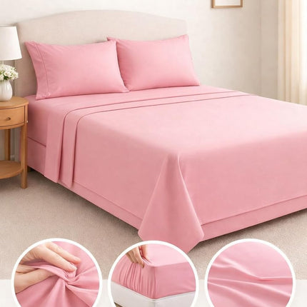MR24 King Size Sheet Set 4 Piece – 100% Cotton Bed Sheets, Deep Pocket Fitted Sheet up to 17”, Breathable Cooling Soft Bedding Set, Solid Pink/Blush Pink, 1 Flat + 1 Fitted + 2 Pillowcases