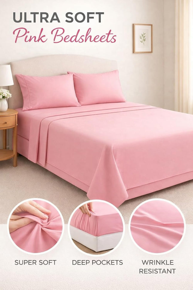 MR24 King Size Sheet Set 4 Piece – 100% Cotton Bed Sheets, Deep Pocket Fitted Sheet up to 17”, Breathable Cooling Soft Bedding Set, Solid Pink/Blush Pink, 1 Flat + 1 Fitted + 2 Pillowcases