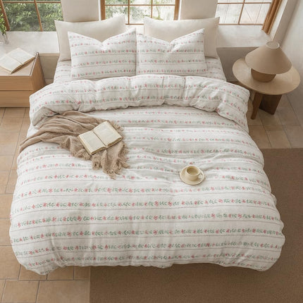King Size Bed Sheets 100% Cotton – Luxury Cooling Deep Pocket Sheets 17'' Soft Breathable Floral Print Bedding Set Pink & Green Flower Stripe Design | Durable, Smooth, King Cotton Sheets