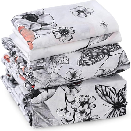 MR24 Queen Size 4 Piece 100% Cotton Sheet Set, Elegant Red Floral & Butterfly Print, Breathable Cooling Bedding for Hot Sleepers, Hotel Feel, Durable & Stylish | Draps Queen Cotton