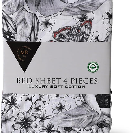 MR24 Queen Size 4 Piece 100% Cotton Sheet Set, Elegant Red Floral & Butterfly Print, Breathable Cooling Bedding for Hot Sleepers, Hotel Feel, Durable & Stylish | Draps Queen Cotton