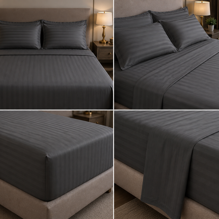 MR24 Queen Bed Sheet Set – 1000 Thread Count Egyptian Cotton Sheets, Dark Grey Stripe Bedding, Deep Pocket Cooling Sheets, Luxury Hotel Collection | Draps Queen Gris Foncé 1000 Fils