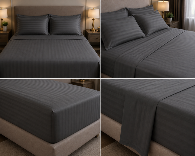 MR24 Queen Bed Sheet Set – 1000 Thread Count Egyptian Cotton Sheets, Dark Grey Stripe Bedding, Deep Pocket Cooling Sheets, Luxury Hotel Collection | Draps Queen Gris Foncé 1000 Fils