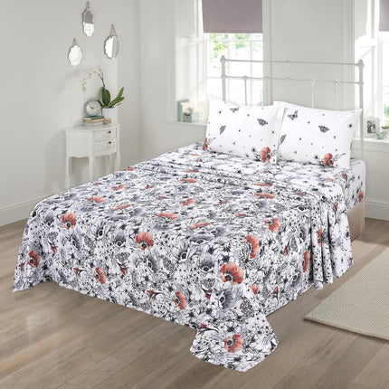 MR24 Queen Size 4 Piece 100% Cotton Sheet Set, Elegant Red Floral & Butterfly Print, Breathable Cooling Bedding for Hot Sleepers, Hotel Feel, Durable & Stylish | Draps Queen Cotton