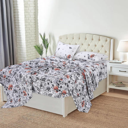 MR24 Queen Size 4 Piece 100% Cotton Sheet Set, Elegant Red Floral & Butterfly Print, Breathable Cooling Bedding for Hot Sleepers, Hotel Feel, Durable & Stylish | Draps Queen Cotton