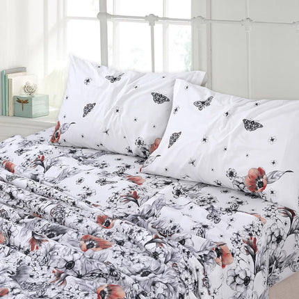 MR24 Queen Size 4 Piece 100% Cotton Sheet Set, Elegant Red Floral & Butterfly Print, Breathable Cooling Bedding for Hot Sleepers, Hotel Feel, Durable & Stylish | Draps Queen Cotton