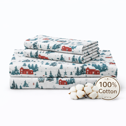 King Size Christmas Bedsheet 100% Cotton - Festive Winter Village Snowmen Holiday Bed Sheet, Soft Pre-Washed Bedding, Perfect Christmas Home Decor & Gift