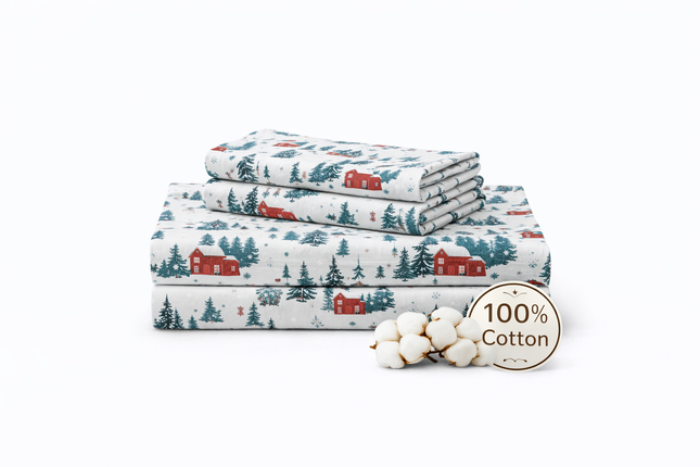 King Size Christmas Bedsheet 100% Cotton - Festive Winter Village Snowmen Holiday Bed Sheet, Soft Pre-Washed Bedding, Perfect Christmas Home Decor & Gift