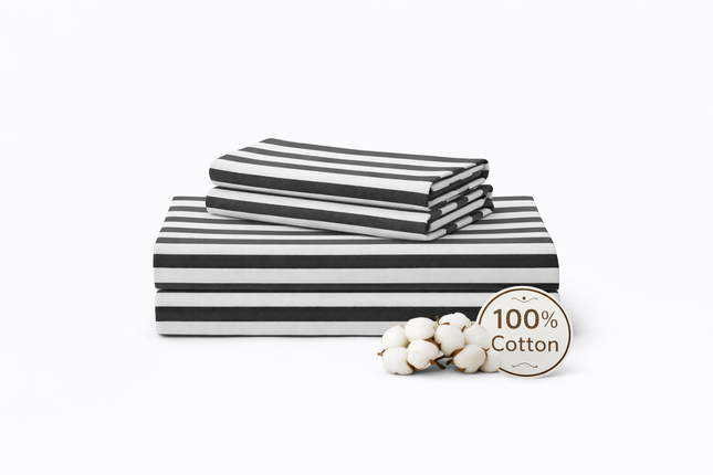 King Size 4-Piece 100% Organic Cotton Bedsheet Set - 400 Thread Count Gray Stripe Bedding, Deep Pocket Fitted Sheet with All-Around Elastic, 2 Pillowcases
