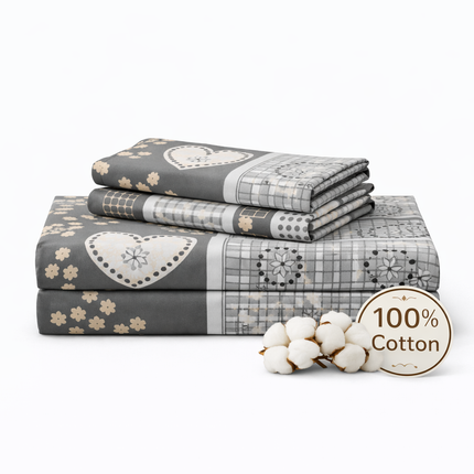 King Size Bedsheet 100% Cotton Heart Patchwork Fitted Sheet with All Around Elastic 4 Corner Elastic – Stays Put, No Popping Off