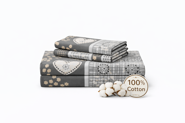 King Size Bedsheet 100% Cotton Heart Patchwork Fitted Sheet with All Around Elastic 4 Corner Elastic – Stays Put, No Popping Off