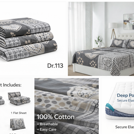 King Size Bedsheet 100% Cotton Heart Patchwork Fitted Sheet with All Around Elastic 4 Corner Elastic – Stays Put, No Popping Off
