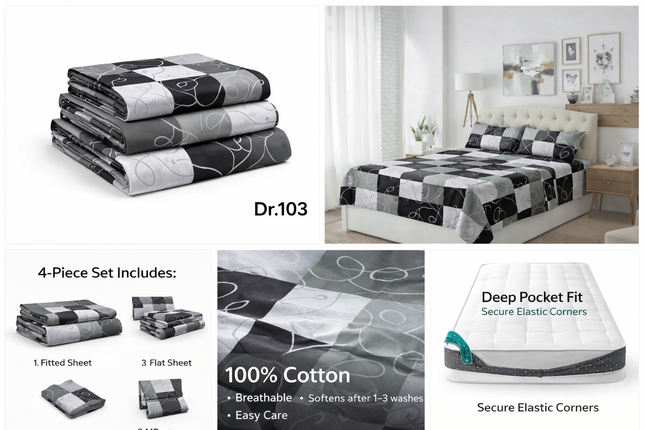King Size 100% Cotton Bed Sheet Set – 4 Piece, 400 Thread Count, Deep Pocket, Extra Elastic Corners
