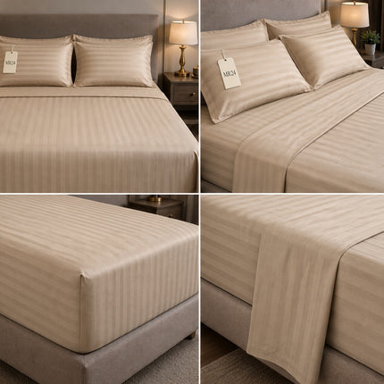 MR24 1000 Thread Count Queen Egyptian Cotton Bed Sheet Set – Deep Pocket 17 Inch | Luxury Stripe Bedding | Dark Beige