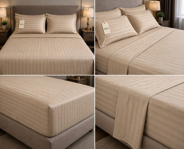 MR24 1000 Thread Count Queen Egyptian Cotton Bed Sheet Set – Deep Pocket 17 Inch | Luxury Stripe Bedding | Dark Beige