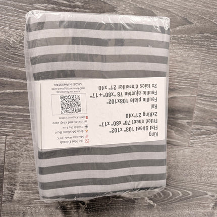 King Size 4-Piece 100% Organic Cotton Bedsheet Set - 400 Thread Count Gray Stripe Bedding, Deep Pocket Fitted Sheet with All-Around Elastic, 2 Pillowcases