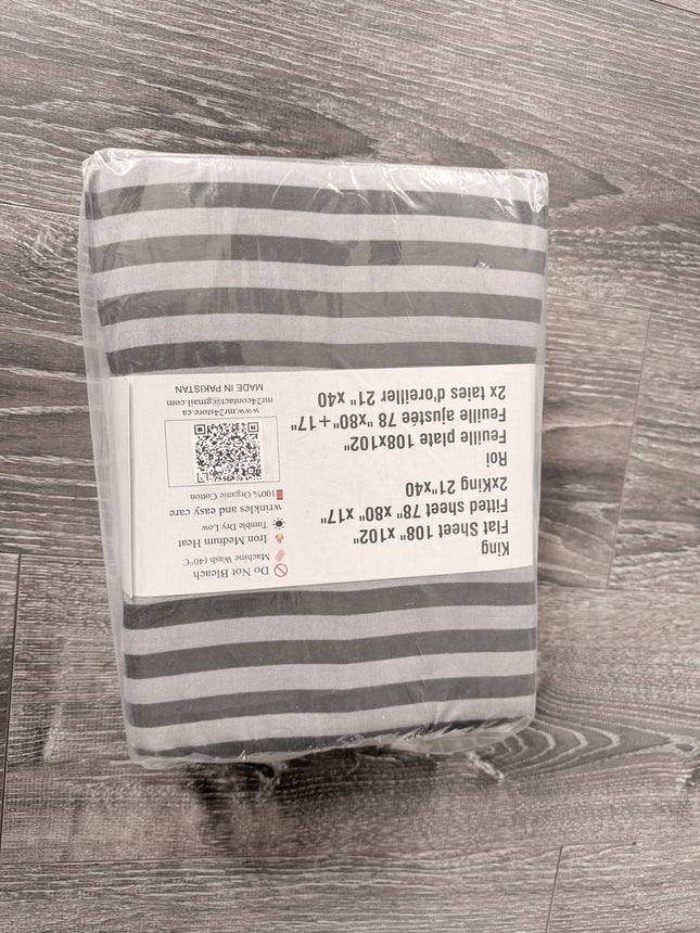 King Size 4-Piece 100% Organic Cotton Bedsheet Set - 400 Thread Count Gray Stripe Bedding, Deep Pocket Fitted Sheet with All-Around Elastic, 2 Pillowcases