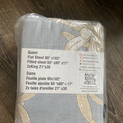 Queen Size 4-Piece 100% Organic Cotton Bedsheet Set - 400 Thread Count Soft Leaf Pattern Bedding, Deep Pocket Fitted Sheet with All-Around Elastic, 2 Pillowcases
