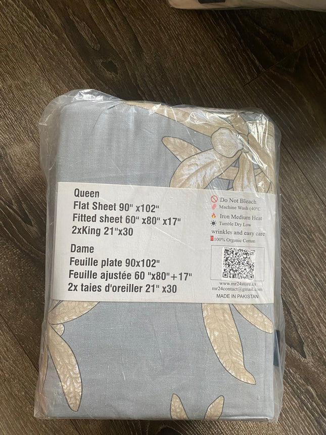 Queen Size 4-Piece 100% Organic Cotton Bedsheet Set - 400 Thread Count Soft Leaf Pattern Bedding, Deep Pocket Fitted Sheet with All-Around Elastic, 2 Pillowcases