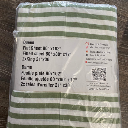 Queen Size 4-Piece 100% Organic Cotton Bedsheet Set - 400 Thread Count Green Stripe Bedding, Deep Pocket Fitted Sheet with All-Around Elastic, 2 Pillowcases