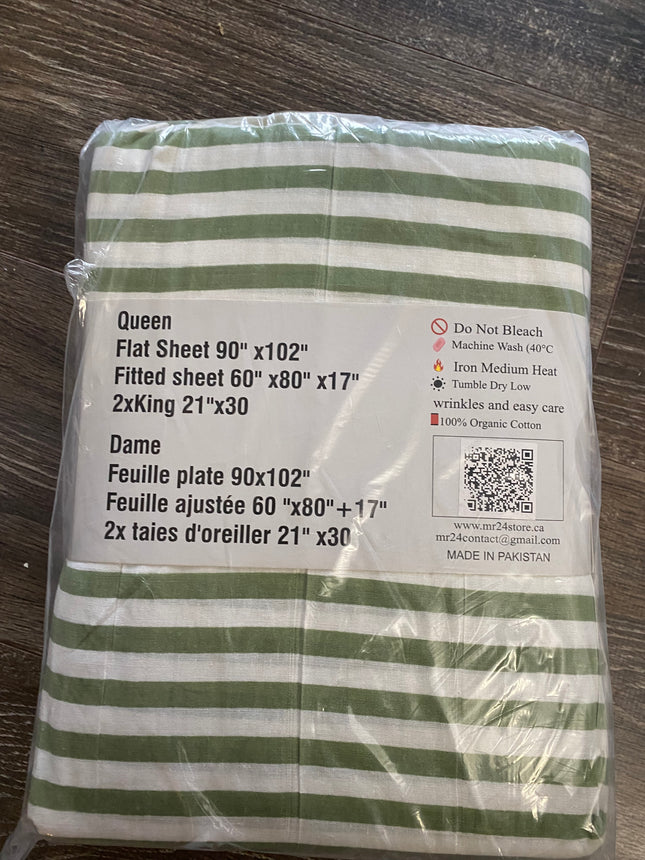 Queen Size 4-Piece 100% Organic Cotton Bedsheet Set - 400 Thread Count Green Stripe Bedding, Deep Pocket Fitted Sheet with All-Around Elastic, 2 Pillowcases