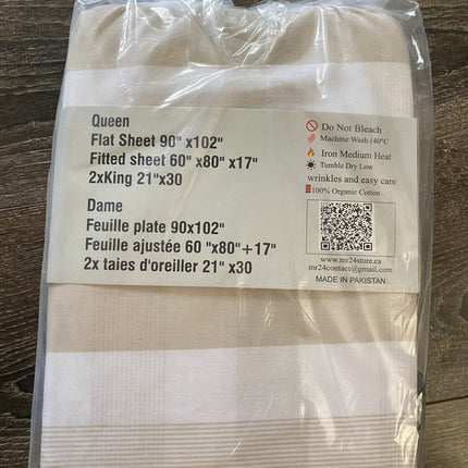 Queen Size 4-Piece 100% Organic Cotton Bedsheet Set - 400 Thread Count Beige Stripe Bedding, Deep Pocket Fitted Sheet with All-Around Elastic, 2 Pillowcases