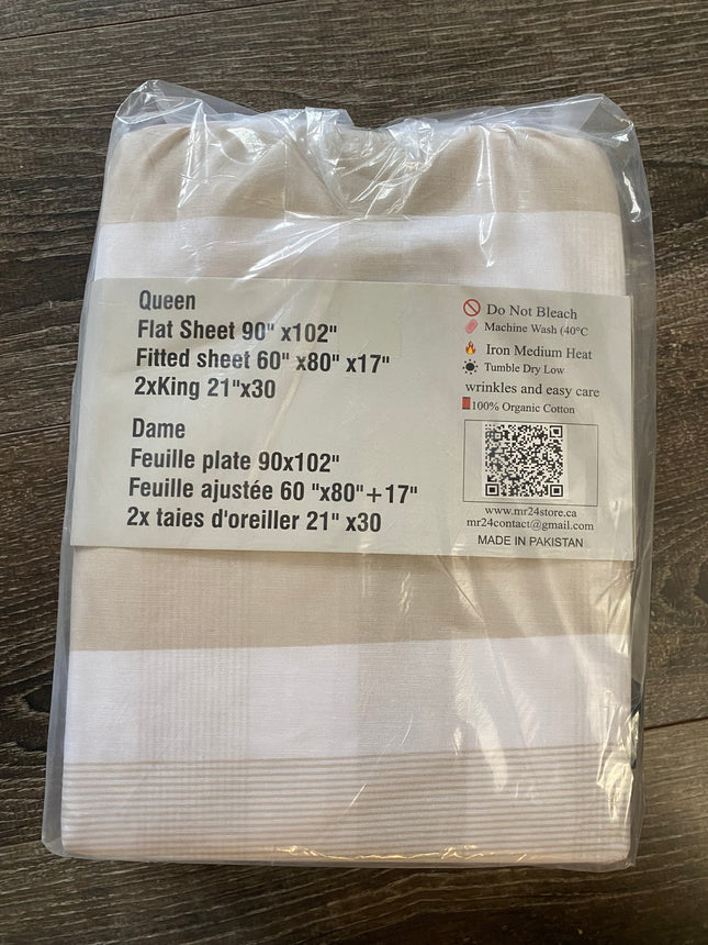Queen Size 4-Piece 100% Organic Cotton Bedsheet Set - 400 Thread Count Beige Stripe Bedding, Deep Pocket Fitted Sheet with All-Around Elastic, 2 Pillowcases