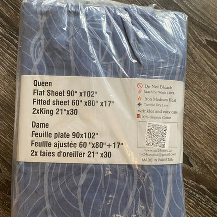 Queen Size 4-Piece 100% Organic Cotton Bedsheet Set - 400 Thread Count Blue Wave Leaf Pattern Bedding, Deep Pocket Fitted Sheet with All-Around Elastic, 2 Pillowcases