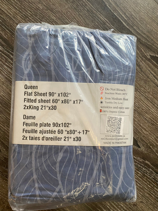 Queen Size 4-Piece 100% Organic Cotton Bedsheet Set - 400 Thread Count Blue Wave Leaf Pattern Bedding, Deep Pocket Fitted Sheet with All-Around Elastic, 2 Pillowcases