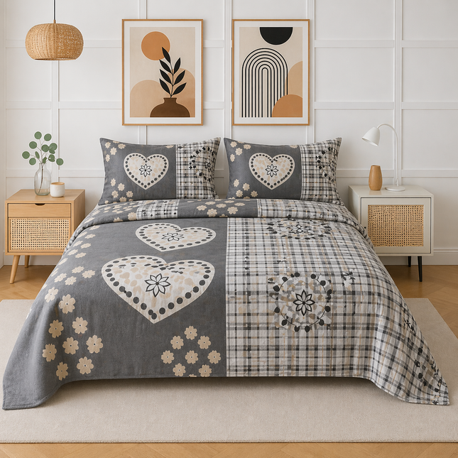 King Size Bedsheet 100% Cotton Heart Patchwork Fitted Sheet with All Around Elastic 4 Corner Elastic – Stays Put, No Popping Off