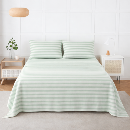 Queen Size Bed Sheets 100% Cotton – Light Green Stripe Printed Sheet Set, Deep Pocket 17”, Cooling Soft Breathable Natural Cotton Bedding for Hot Sleepers – Premium Hotel Quality Draps Queen Coton