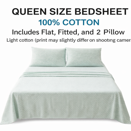Queen Size Bed Sheets 100% Cotton – Cooling Mint Green Printed Sheet Set, Deep Pocket 17”, Soft Breathable Cotton Bedding for Hot Sleepers, Hotel Quality Draps Queen Coton – Premium Patterned Sheet